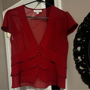 Miss Dory Red Tiered Sheer V-Neck Blouse